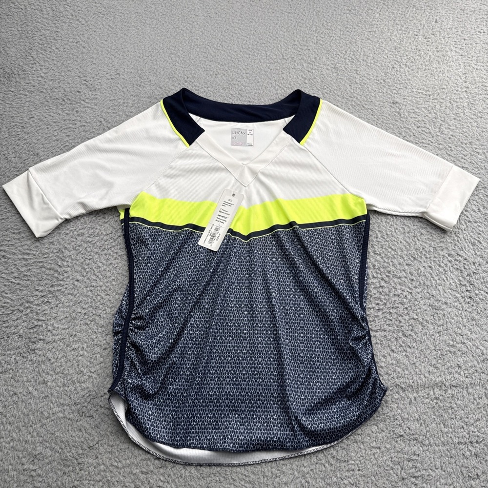 Lucky in Love Golf Polo Women Medium White Geometric V-Neck Ruched Vaportex